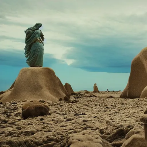 Prompt: a barren beach made from deep blue sand scattered with towering marble statues of woman in varying states of ruin, in the distance a mountain reaches towards a turbulent sky, cinematic composition, realistic, masterpiece w- 1280