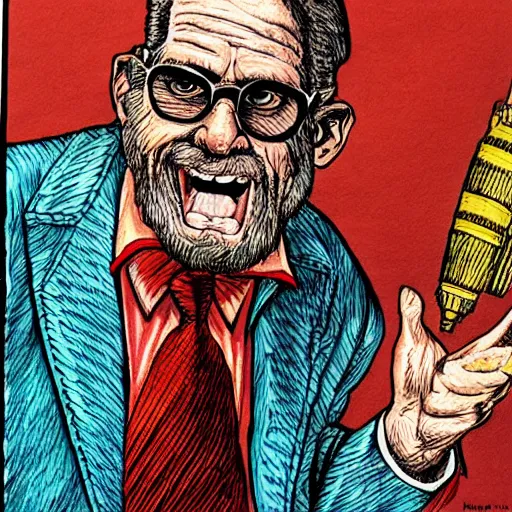 Prompt: The Artwork of R. Crumb and his Cheap Suit Dentist, pencil and colored marker artwork, trailer-trash lifestyle