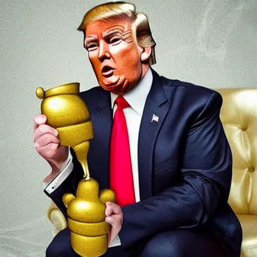 Image similar to donald trump sitting on a gold toilet looking upset, photorealistic