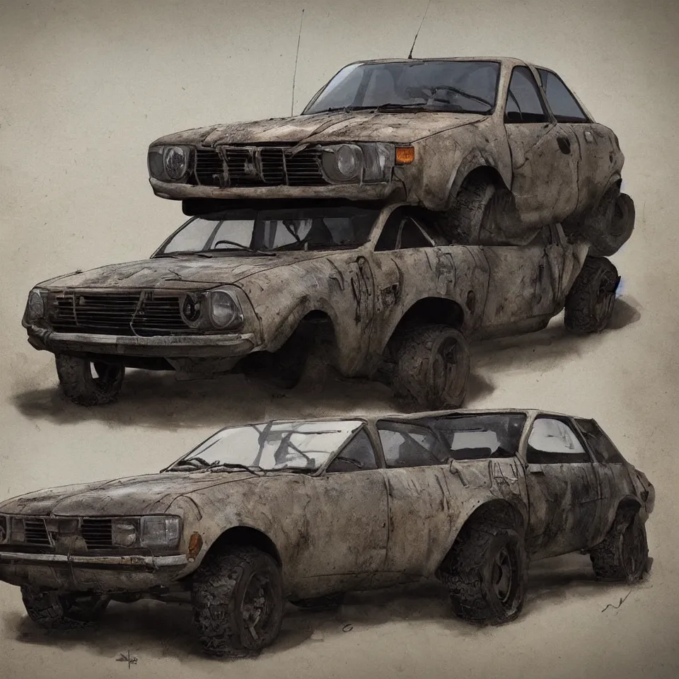 Image similar to a single Dacia 1310 in Mad Max, artstation, concept art