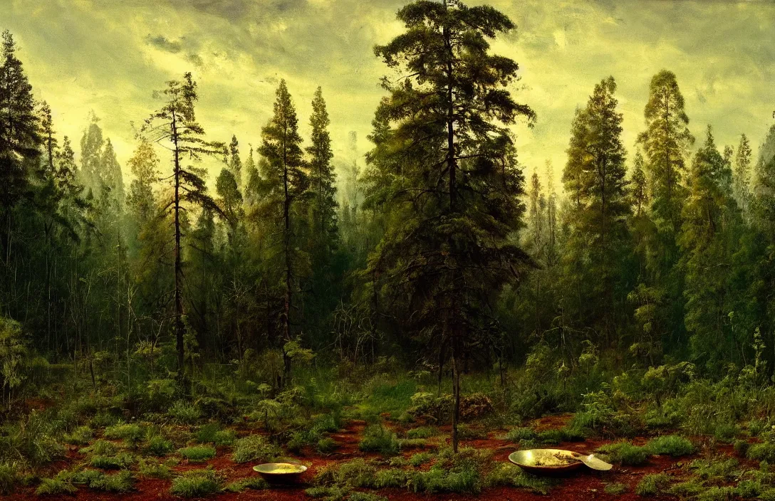 Prompt: painted with fine brushes perfectly shaped bowl intact flawless ambrotype from 4 k criterion collection remastered cinematography gory horror film, ominous lighting, evil theme wow photo realistic postprocessing pestilential blast garden idyll by herbert james draper painting by ivan shishkin