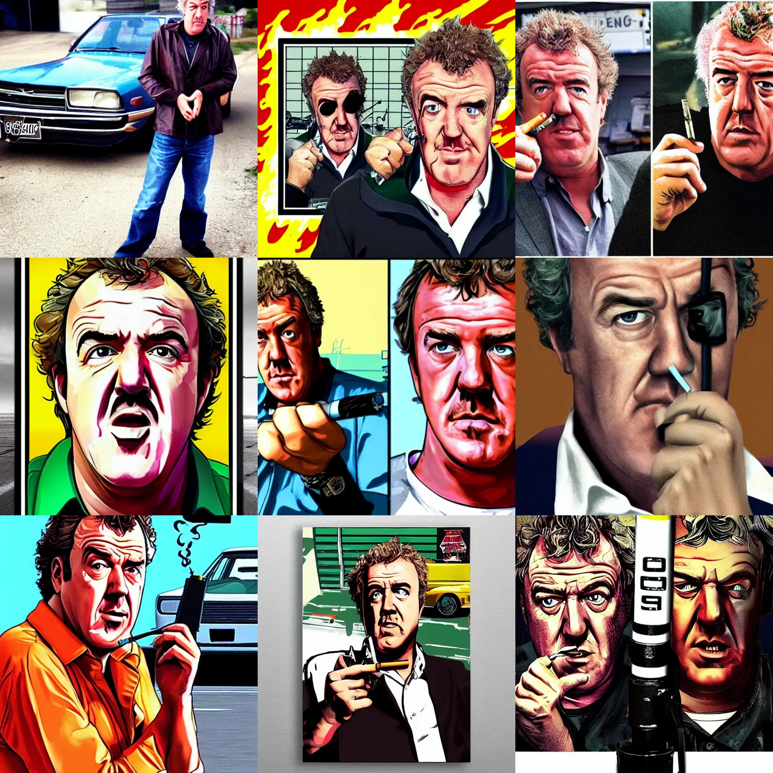 Prompt: Jeremy Clarkson, badass look, smoking cigarette, GTA San Andreas poster