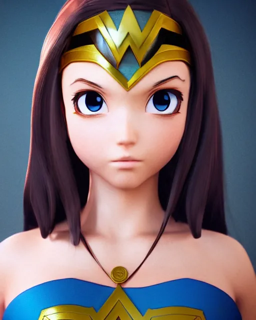 Image similar to stylish cute wonderwoman portrait hd sharp 3d model vray render in Pixar squareenix game anime manga toriyama Miyazaki style trending on pixiv skeb