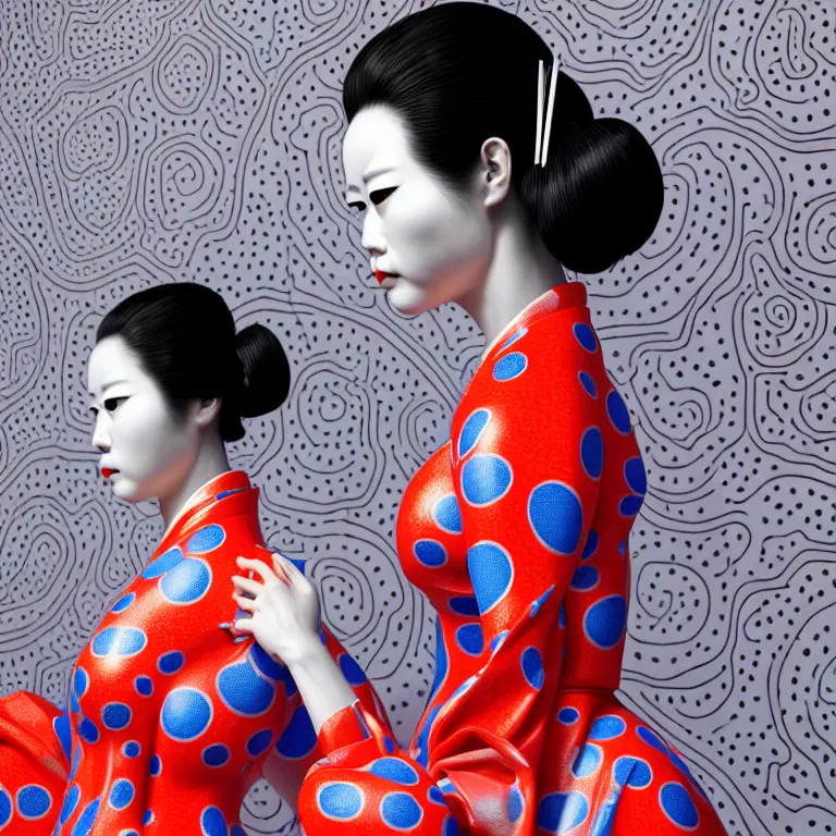 Image similar to hyperrealistic detailed image of a geisha in a art installation room, hd smooth interior by yayoi kusama, part by kei mieno, part by ross tran, dark art by james jean, ultra realistic, highly detailed, life like face, detailed body, 8 k, 3 d render by roger magrini, masterpiece