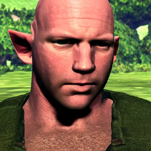 Image similar to character screenshot of bald ufc dana white, npc, ocarina of time, field, 3 6 0 p, bokeh, legend of zelda, detailed, dialog text