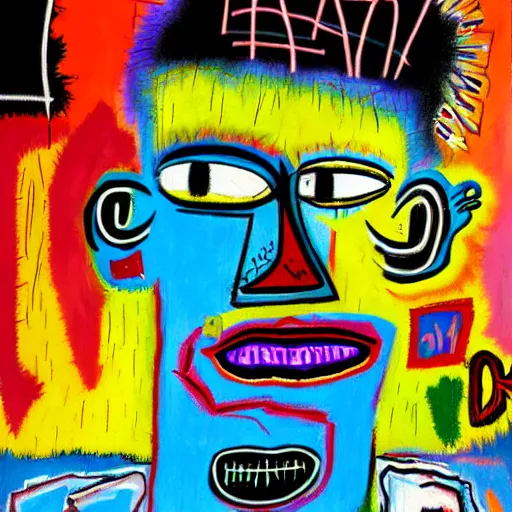 Image similar to colorful odd colors detailed neo expressionism chaotic oil painting of sad boy business man depressed with tattoos by basquiat