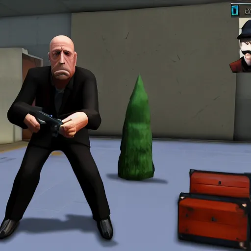 Prompt: Mike Ehrmantraut in Team Fortress 2, HD 4k game screenshot, Valve official announcement, new character