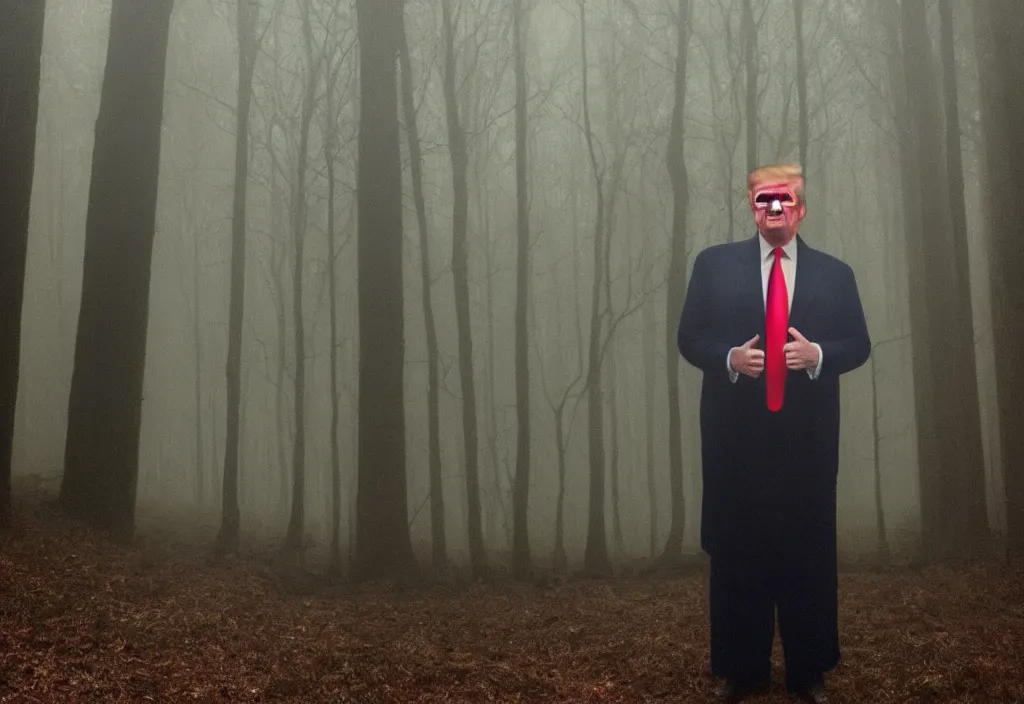 Image similar to low quality iphone photo of donald trump standing ominously deep in the foggy woods with a demonic smile in his face, low visibility creepy