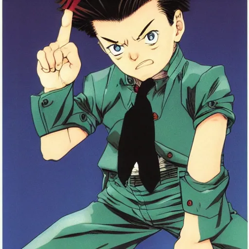 Image similar to young boy angry with pompadour hair, art by katsuhiro otomo, tetsuo hara, hirohiko araki, jotaro kujo, banchou, action pose, manga cover