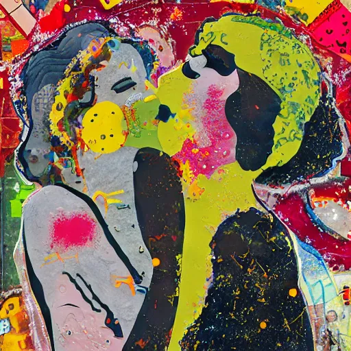 Image similar to two women kissing at a carnival on an alien planet, mixed media collage, retro, paper collage, magazine collage, acrylic paint splatters, bauhaus, abstract claymation, layered paper art, sapphic visual poetry expressing the utmost of desires by jackson pollock