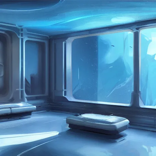 Image similar to futuristic room, crisp, artstation, luxury, beautiful, dim painterly lighting aquatic, 3 d concept art