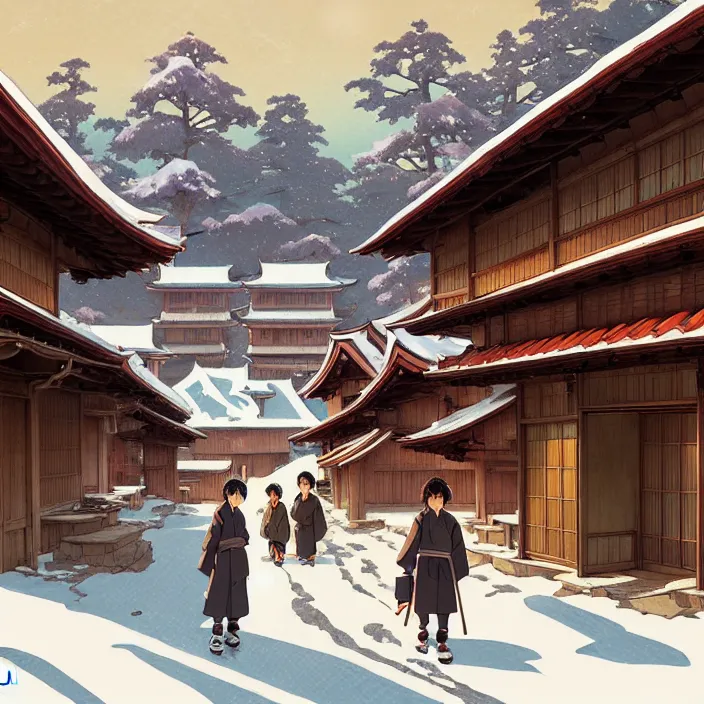 Image similar to japanese rural town, no people, winter, in the style of studio ghibli, j. c. leyendecker, greg rutkowski, artem