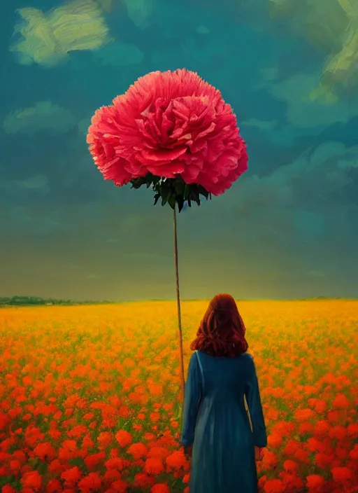 Image similar to woman with a giant carnation as a face, flower field, surreal photography, sunset dramatic light, impressionist painting, colorful clouds, blue sky, digital painting, artstation, simon stalenhag