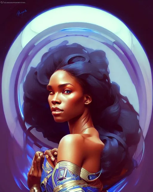 Image similar to Portrait of very very very very very very beautiful nigerian woman, spacesuit, blue eyes, real life skin, intricate, elegant, highly detailed, artstation, concept art, smooth, sharp focus, art by artgerm and greg rutkowski and alphonse mucha