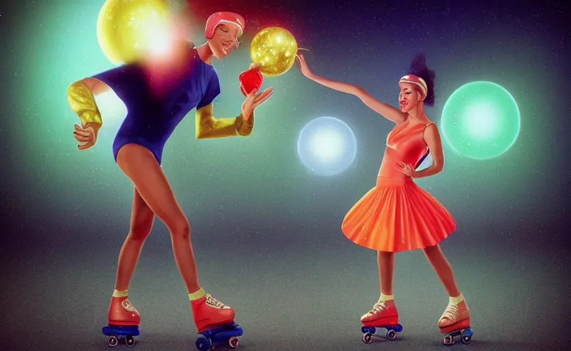 Prompt: “a roller skating diva with a disco ball head, by Vladimir kush, by josib csoor, by Laurie Lipton, rendered in octane, volumetric lighting, retro color scheme, trending on artstation,”