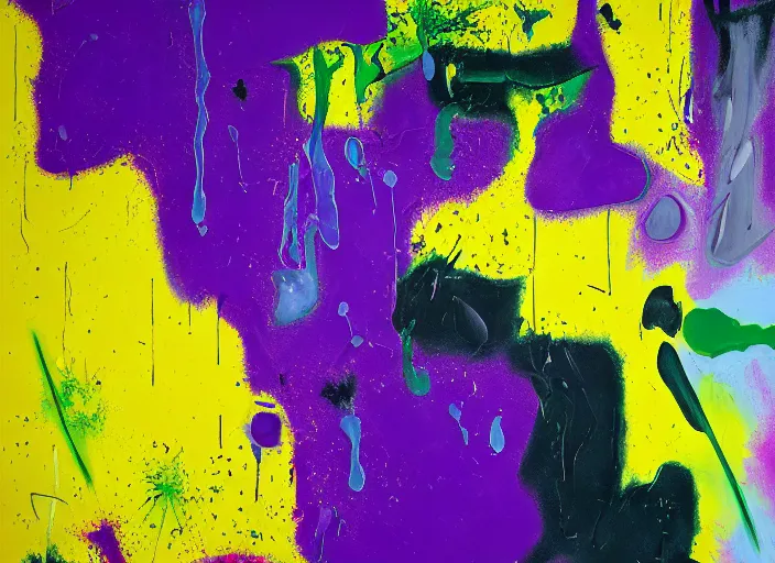 Prompt: abstract painting in purple, yellow, dark green, by hernan bas and pat steir and hilma af klint, psychological, photorealistic, dripping paint, washy brush, oil on canvas, rendered in octane, altermodern, masterpiece