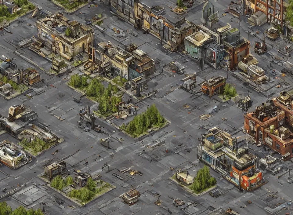 Prompt: Screenshot of a destroyed rusty modern Polish city with a road going across it in Fallout 2 (1998), isometric perspective, postapocalyptic, bird's eye view, prerendered isometric graphics, high quality