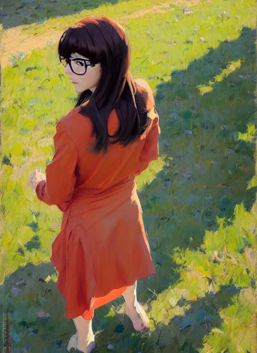 Image similar to Greg Manchess painting of Velma Dinkley, anime style, countryside, calm, fantasy character portrait, dynamic pose, above view, sunny day, artwork by Jeremy Lipkin and Giuseppe Dangelico Pino and Michael Garmash and Rob Rey and Makoto Shinkai, very coherent asymmetrical artwork, sharp edges, perfect face, simple form, 100mm