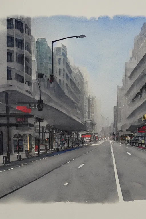 Prompt: A watercolor depicting an empty Huaihai Road gloomy weather, high contrast, smooth, by Joseph Zbikowicz, 8k