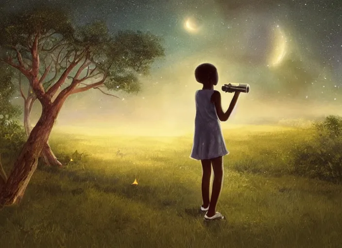 Image similar to a young caribbean girl on the front lawn looking into a telescope up at the stars, night time, forest in the distant background by greg rutkowski,