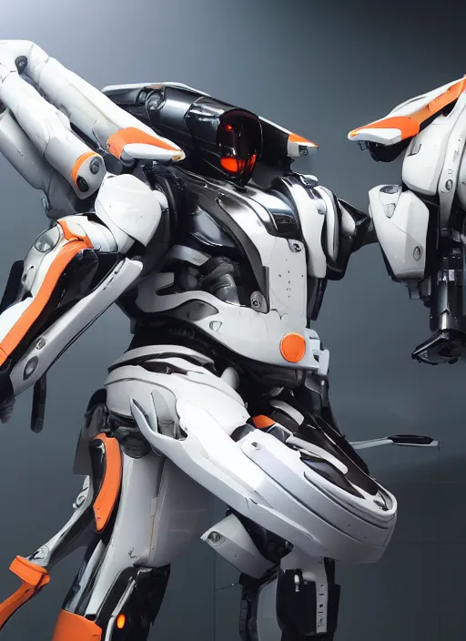 Image similar to a Photorealistic dramatic hyperrealistic full frame render of a Sleek futuristic exosuit Freedom Formula Racing Mech,Ultra realistic details,glossy white metal,Orange racing stripes,weathered surfaces,by Hidetaka Tenjin,Yoh Yoshinori,Yoji Shinkawa,Masamune Shirow,Beautiful dramatic dark moody tones and lighting,cinematic atmosphere,studio lighting,shadows,dark background, Octane render,8K