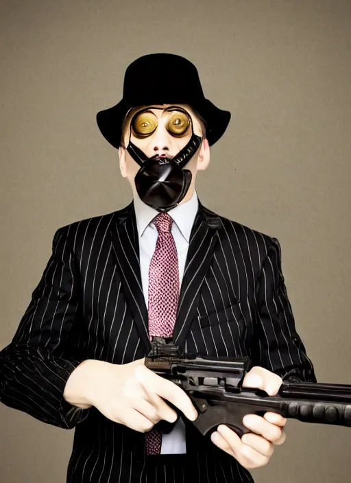 Image similar to a man in a pinstripe suit holding a gun