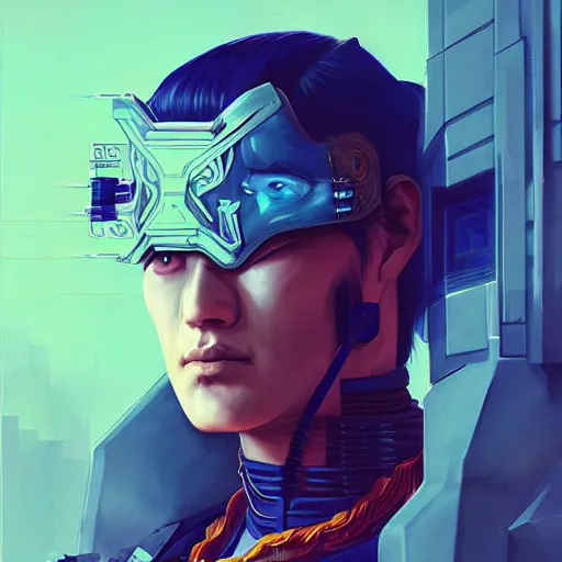 Image similar to cyberpunk samurai portrait painting a blue colors, medium shot, asymmetrical, profile picture, organic painting, sunny day, matte painting, bold shapes, hard edges, street art, trending on artstation, by huang guangjian and gil elvgren and sachin teng