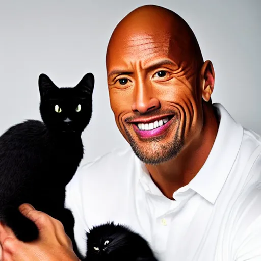 Image similar to dwayne johnson holding a black cat, studio lighting, promotional photograph