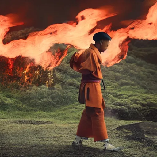 Prompt: cinematic film still Pharrell Williams starring as a Samurai holding fire, Japanese CGI, VFX, 2022, 40mm lens, shallow depth of field,film photography