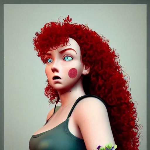 Prompt: 3d rendered gorgeous red haired woman with big curly hair and freckles, curvy figure wearing dress with flower print, Pixar CGI , octane render, sharp details, bloom, 8k resolution, OLED, trending on artstation