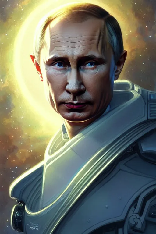 Prompt: Portrait of Putin in space, D&D, blue eyes, face, fantasy, intricate, elegant, highly detailed, digital painting, artstation, concept art, smooth, sharp focus, illustration, art by artgerm and greg rutkowski and alphonse mucha