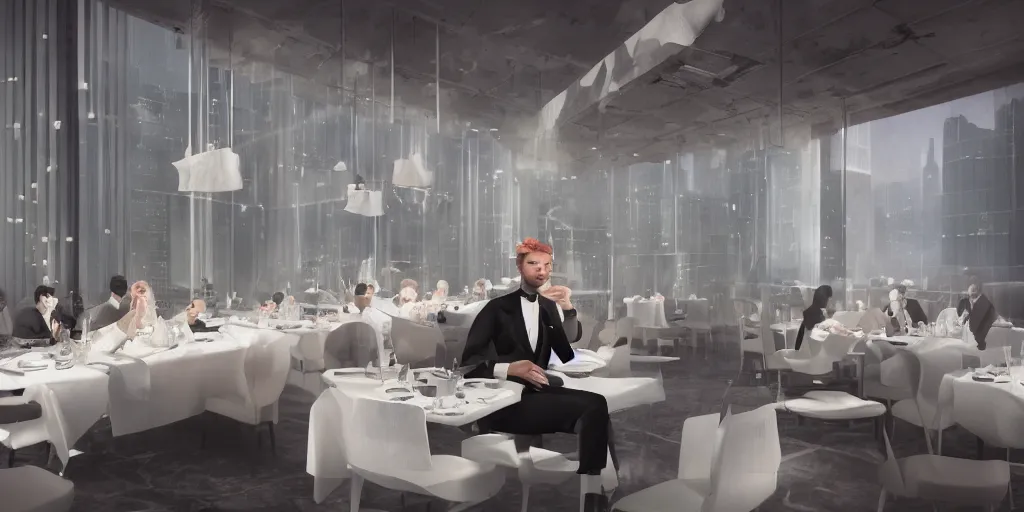 Prompt: Fish in suit sitting at white delicate sumptuous table eating salmon sashimi with huge floor to ceiling windows behind, selfie, dramatic lighting, volumetric lighting, photorealistic, cinematic lighting, high detail, cinematic feel, high octane, 4K, Unreal Engine, digital render, intricate, ultra realistic, concept art