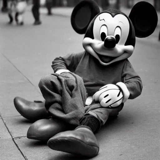 Realistic Photography Of Mickey Mouse Being Homeless 