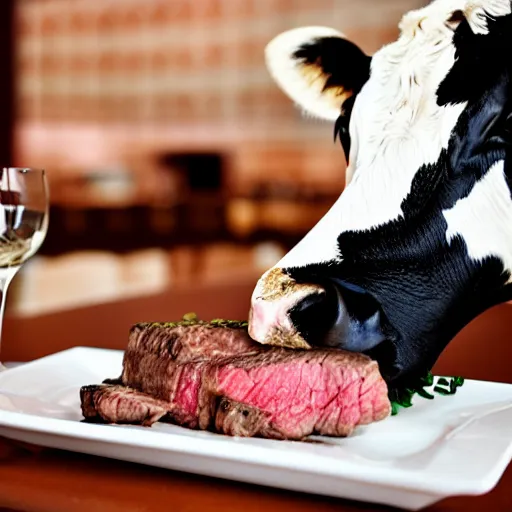 Prompt: photo of cow eating steak at an italian restaurant, 5 0 mm, beautiful photo