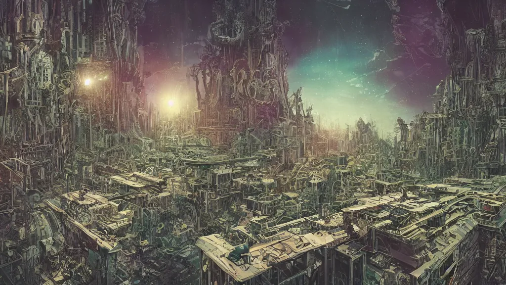 Image similar to very detailed masterpiece, epic prophet graphic novel, ilya kuvshinov, mcbess, rutkowski, simon roy, illustration of space dystopian jungle forest metropolis planet, illustration of decrepit cyberpunk arcologic ruins, event horizon in the sky, wide shot, colorful, deep shadows, astrophotography, hyperdetailed, cybernetics, cryengine, realistic shaded lighting, sharp focus