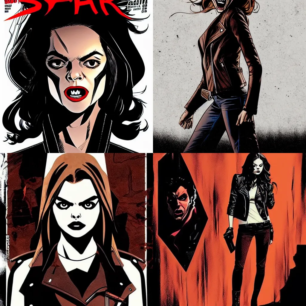 Prompt: in the style of Rafael Albuquerque comic cover art, Samara Weaving vampire, sharp teeth grin, sarcastic, brown leather jacket