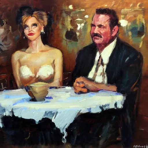 Image similar to by john wayne gacy, by michael garmash realist. a installation art of two people, a man & a woman, sitting at a table. the man is looking at the woman with interest. the woman is not interested in him. there is a lamp on the table between them.