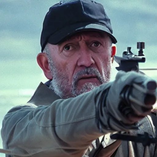 Image similar to Film still of Mike Ehrmantraut aiming with a !!!!!sniper rifle!!!!!, 4k, !!!!highly detailed!!!!