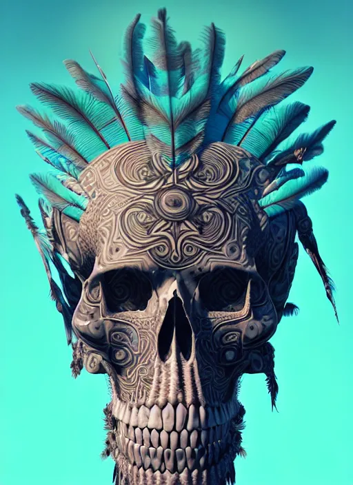 Image similar to 3 d shaman with tattoos profile portrait, sigma 5 0 0 mm f / 5. beautiful intricate highly detailed quetzalcoatl skull and feathers. bioluminescent, gradient background, plasma, frost, water, wind, creature, thunderstorm! artwork by tooth wu and wlop and beeple and greg rutkowski, 8 k trending on artstation,