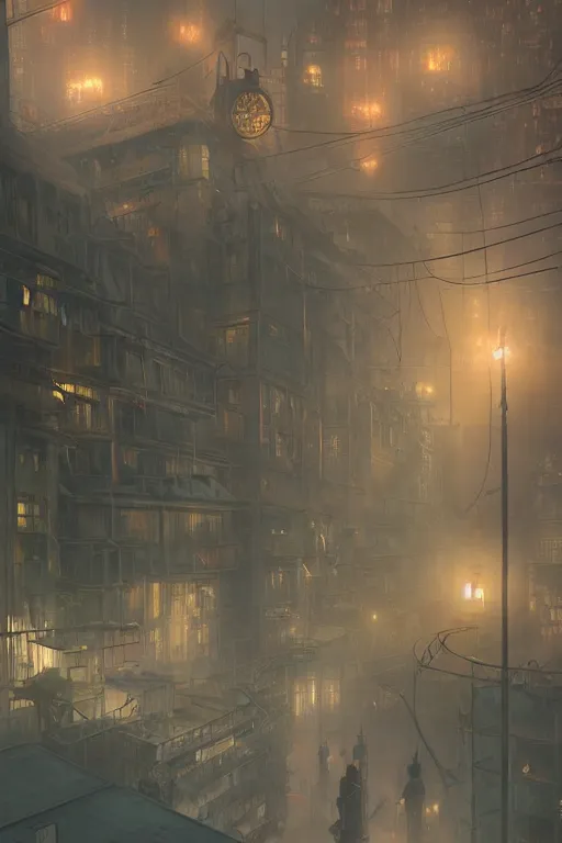 Image similar to a highly detailed matte painting of a soviet steampunk industrial zone in fog at night by studio ghibli, makoto shinkai, by artgerm, by wlop, by greg rutkowski, volumetric lighting, octane render, 4 k resolution, trending on artstation, masterpiece