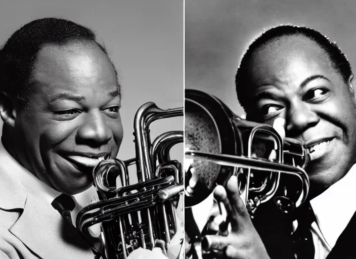 Prompt: Hans Zimmer and Louis Armstrong, 1940s photography, detailed