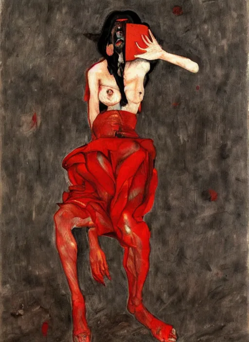 Prompt: stunning asian college girl standing on her knees, frozen cold stare, scream, startled, blood red background, transparent gray skirts, stockings, crows swarming trapped in the void as a symbol of death, in style of surrealism of Francis Bacon painting, Ilya Kuvshinov, John Singer Sargant, impasto textures of Chaim Soutine and Frank Auerbach, American Gothic, Japanese Gothic, strange cinematic light
