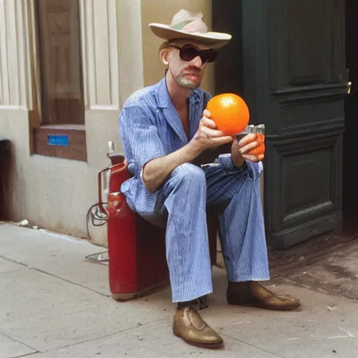 Image similar to hugh hopper on a street corner eating an orange and sipping pepsi