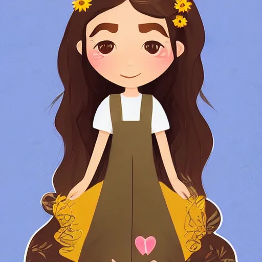 Prompt: hispanic girl with long brown hair, flower dress, face, sticker, emoji, by rossdraws, wlop, artstation trending
