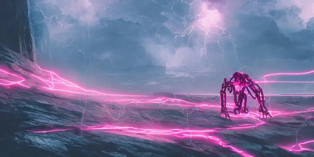 Image similar to a neon pink humanoid MECHA with biomechanical powered exoskeleton, many wires and gears, climbing up an ocean cliff during a rain storm sunrise