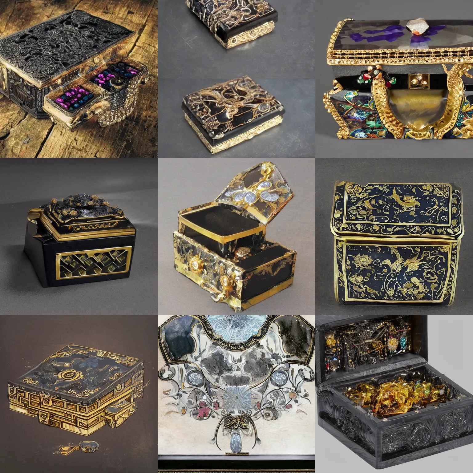 Prompt: a small, black, magical box, made of polished onyx stone. it has intricate golden mechanisms, including glowing rubies, topazes, sapphires, and amethysts. drawn in a fantasy style.