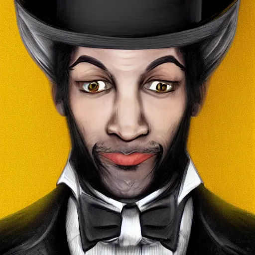 Image similar to a highly detailed portrait of a man in a high top hat covering his face, in a black tailcoat with a yellow waistcoat under the tailcoat, artstation, deviantart, professional, unreal engine 5, photorealistic