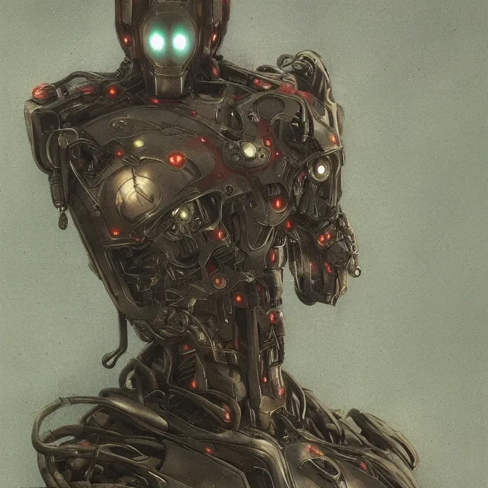 Image similar to portrait of a geen metal Ultron from Age of Ultron, clockwork steampunk, by Beksinski, trending on artstation, 4k
