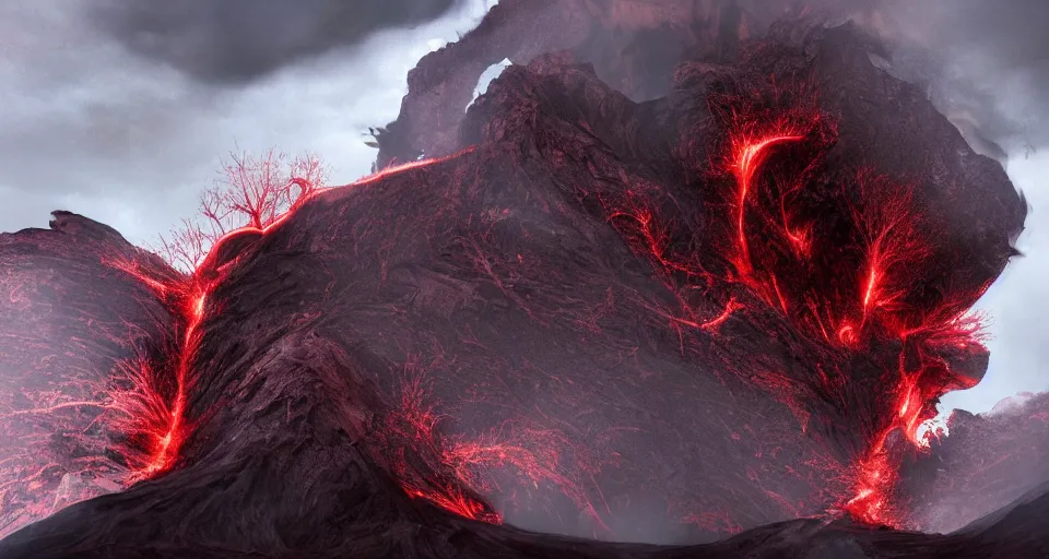 Prompt: a volcano made of ivory vines and crimson rocks enters in eruption, it spits a smoke in the shape of demonic eye, from Guild Wars