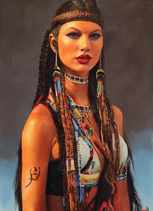 Prompt: oil painting of a taylor swift as a young comanche girl in traditional dress, facial tattoos, art by michael whelan